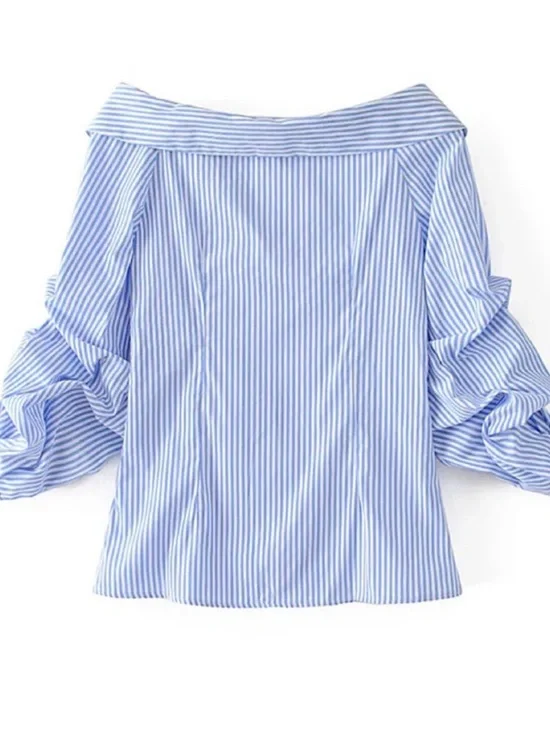 SHEIN Blue and White Stripe Off-Shoulder Button-Down Top - Picture 2 of 3